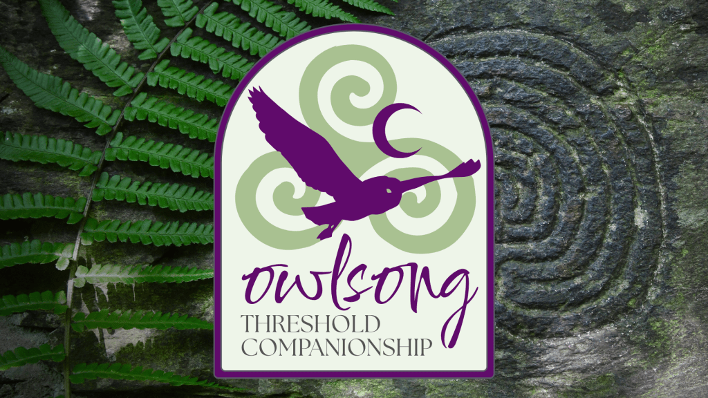 Owlsong logo - a green triskele with an owl and moon overlay